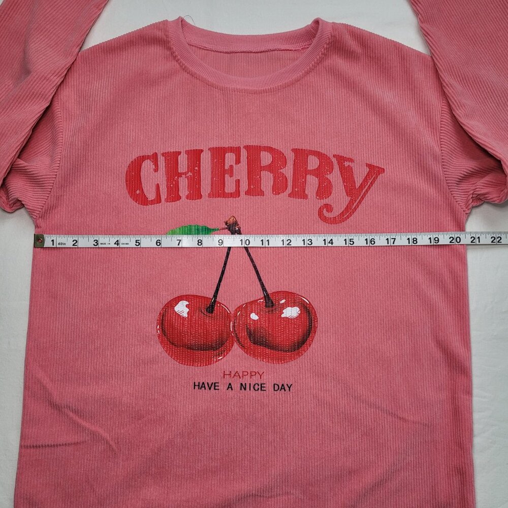 SHEIN Cherry Graphic Long Sleeve Corduroy Top Pink Pullover Drop Shoulder Small - Picture 7 of 8